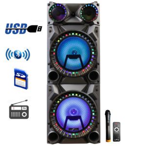 beFree Sound Rechargeable Bluetooth 12inch Double Subwoofer Portable Party Speaker with Dual Layer Reactive Party Lights, USB, SD and AUX Inputs with FM Radio
