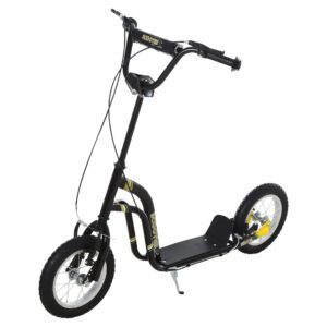 Aosom Youth Scooter Front and Rear Caliper Dual Brakes 12-Inch Inflatable Front Wheel Ride On Toy For Age 5+, Black