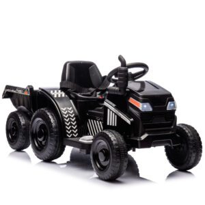 12V Kids Ride On Electric Tractor Black Knight,Kids Ride On Toy.2WD,Non-skid tires, steering wheel, foot pedal,With Removable storage tug,Light,Bluetooth,Music,MP3,USB,Power Display For Kids Aged 3+.