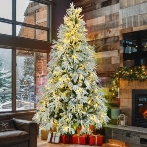 7.5FT Pre-Lit Spruce Snow Flocked Christmas Tree, Artificial Hinged Xmas Tree with 350 Multi-Color LED Lights, 8 Flashing Modes &1389 Snow Branch Tips, Holiday Office Home D?cor