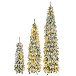 8FT, 6FT, 4FT Pre-Lit Pencil Christmas Trees, 3-set Slim Artificial Christmas Tree With Snow Flocking, Xmas Holiday Decoration Tree, 1455 Branch Tips, 520 LED Lights, 11 Lighting Modes